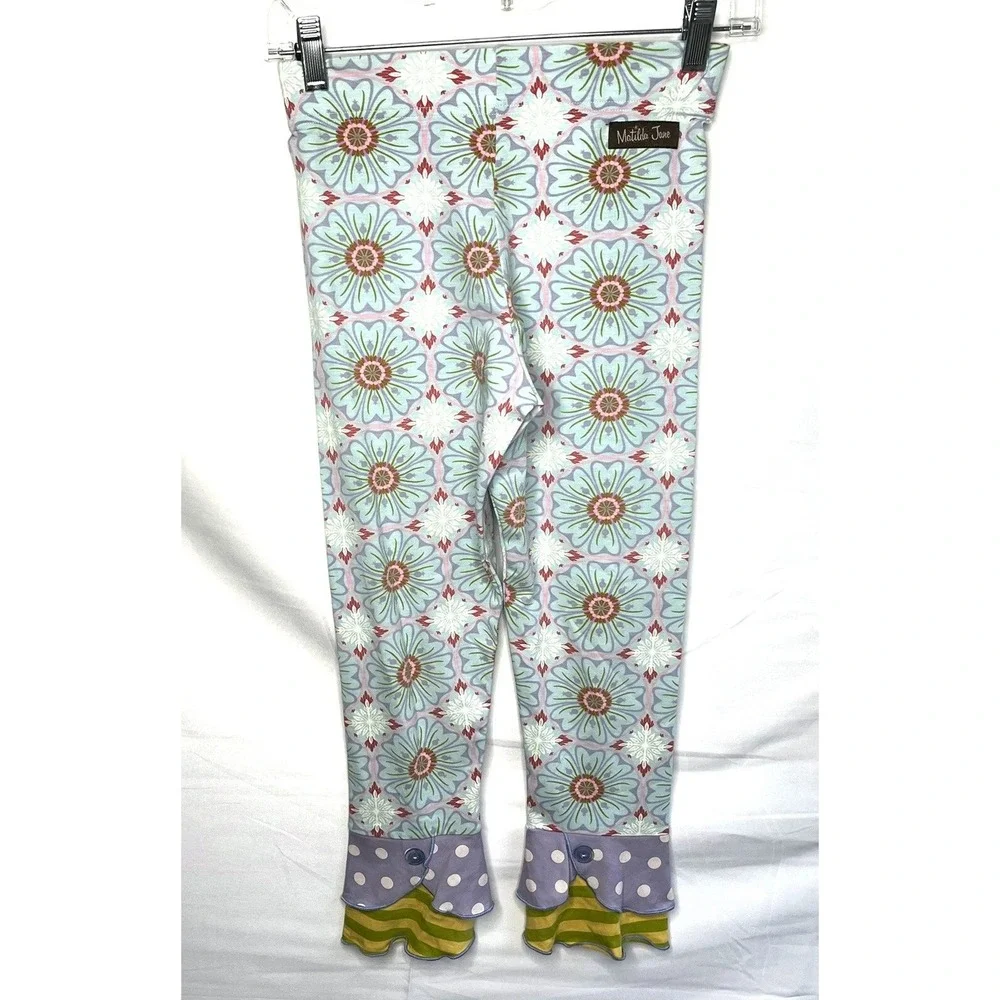 Matilda Jane Leggings Girls 12 Blue Floral Ruffle Hem Capri Pants Whimsical Cozy